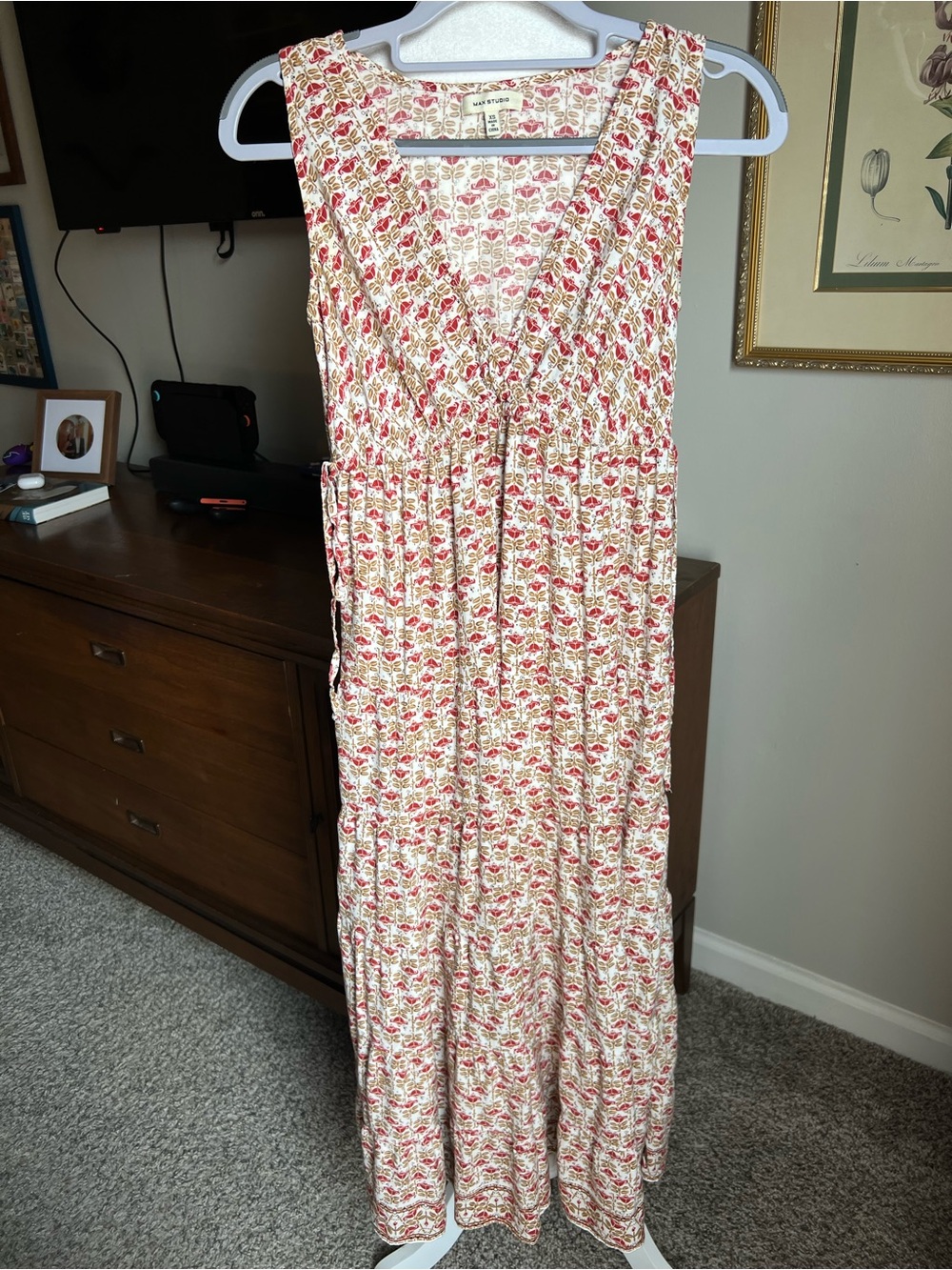 Max Studio Cream Maxi Dress with Red Floral Print